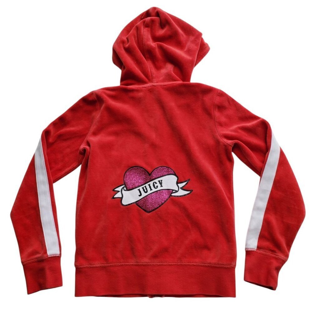 Juicy Couture Y2K style Girl’s Red Velour Sequin Heart Racing stripes Hoodie